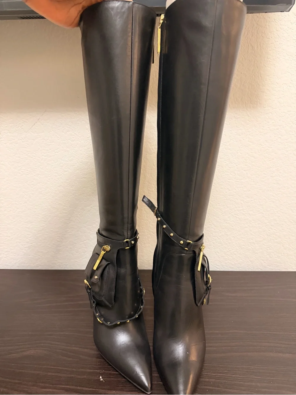 Kendall Mill Black Tall Leather Stiletto Boots with Gold Accent